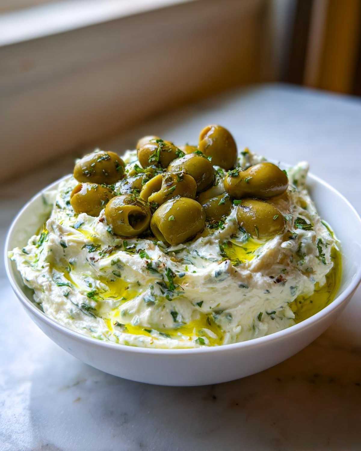 A white bowl filled with creamy dirty martini dip, topped with whole green olives and drizzled with olive oil.