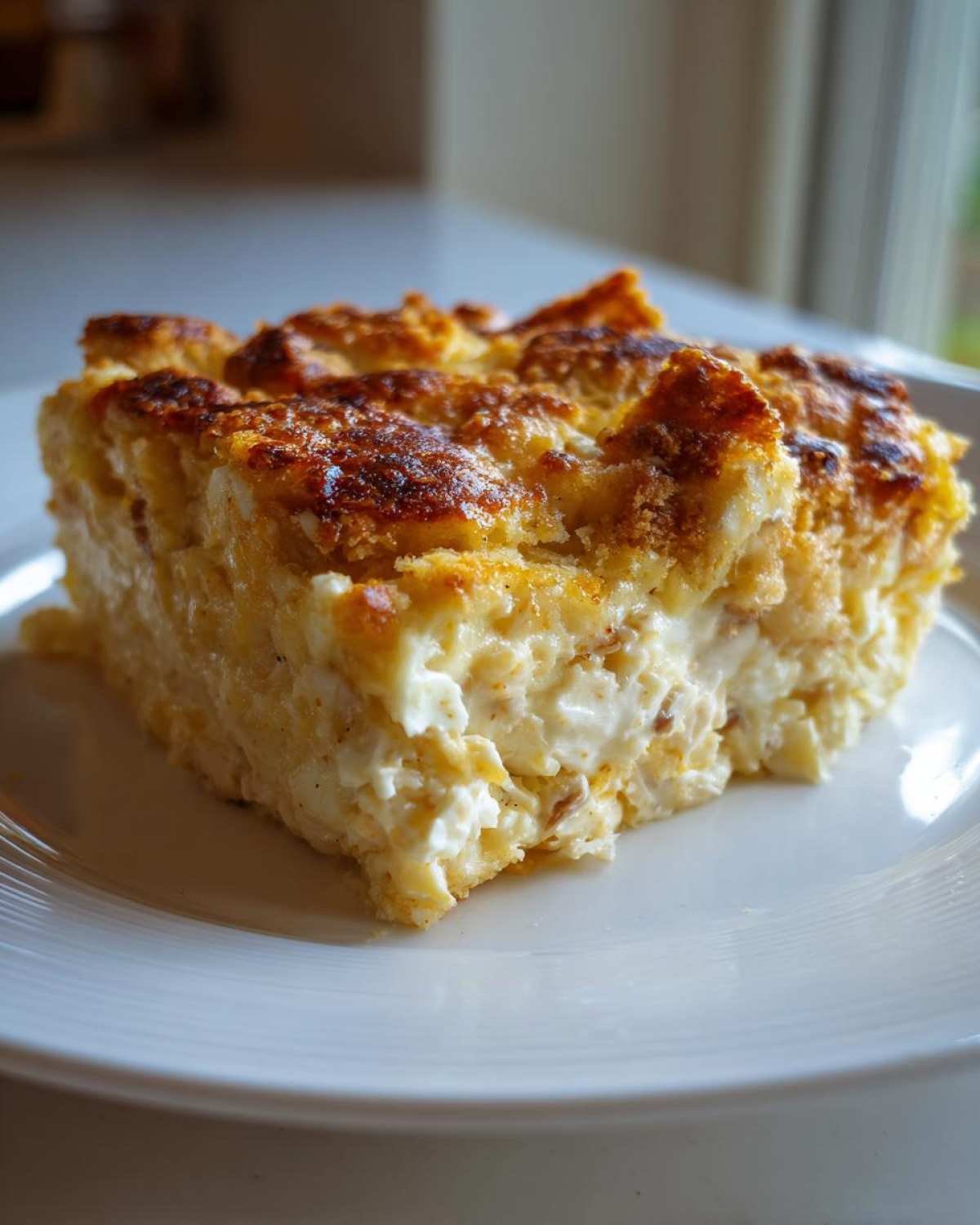 A close-up of a creamy, baked slice of hot chicken salad casserole on a white plate.