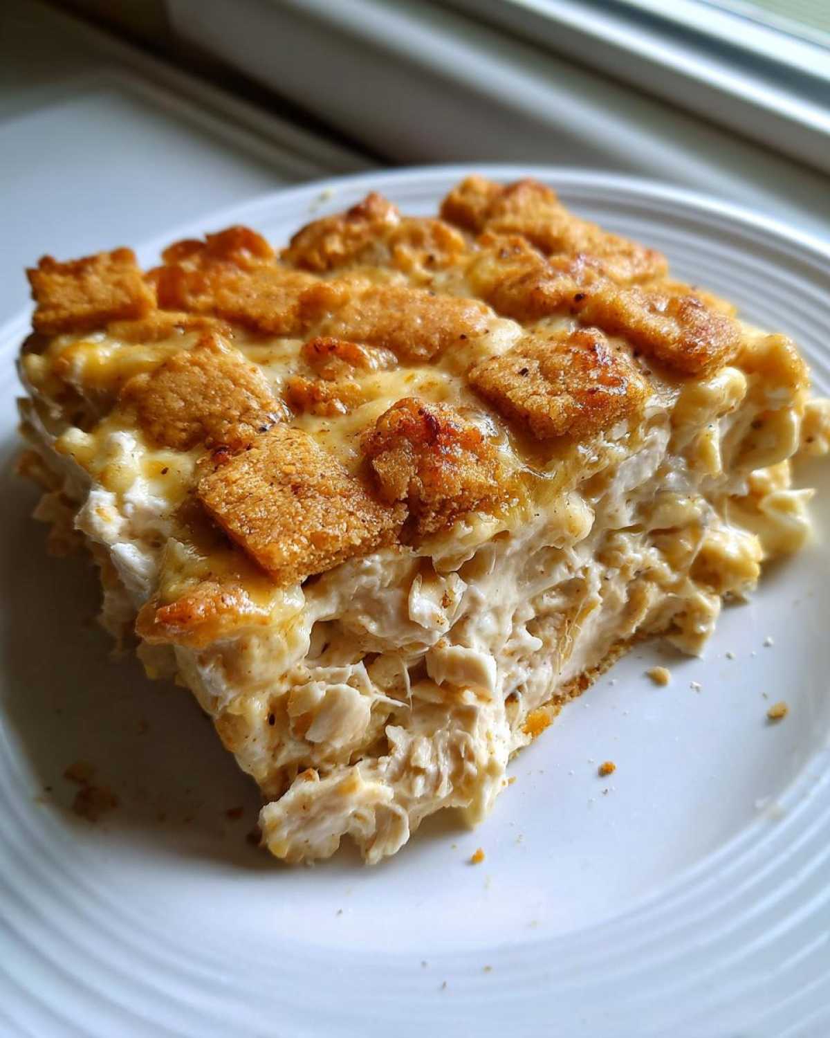 A rich, creamy serving of hot chicken salad casserole topped with golden, crunchy crackers on a white plate.