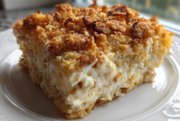 A close-up of a square serving of creamy hot chicken salad with a crunchy, golden-brown topping.