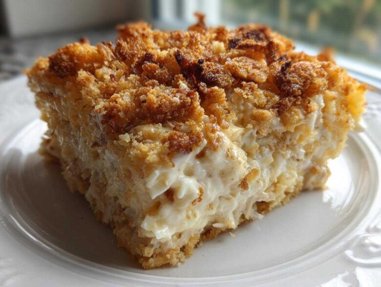 A close-up of a square serving of creamy hot chicken salad with a crunchy, golden-brown topping.