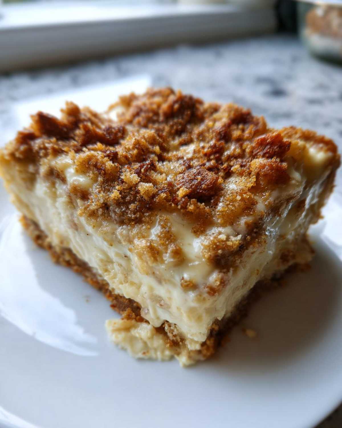 Close-up of a creamy square slice of hot chicken salad topped with a crunchy brown crumb topping.