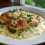 Two pan-seared chicken breasts smothered in a rich, creamy lemon chicken sauce and topped with fresh parsley.