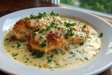 Two pan-seared chicken breasts smothered in a rich, creamy lemon chicken sauce and topped with fresh parsley.