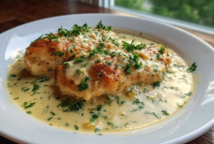Two pan-seared chicken breasts smothered in a rich, creamy lemon chicken sauce and topped with fresh parsley.