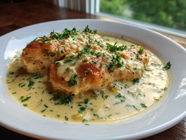 Two pan-seared chicken breasts smothered in a rich, creamy lemon chicken sauce and topped with fresh parsley.
