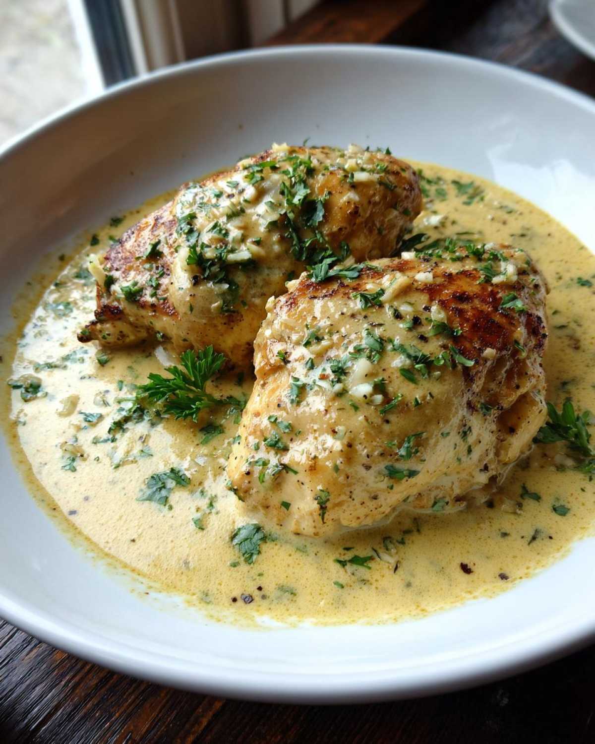 Two golden-brown chicken breasts smothered in a rich, creamy lemon sauce and topped with fresh parsley.