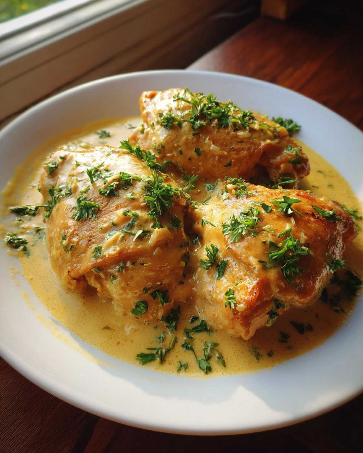 Three pieces of golden brown chicken covered in a rich, creamy lemon sauce and sprinkled with fresh parsley.