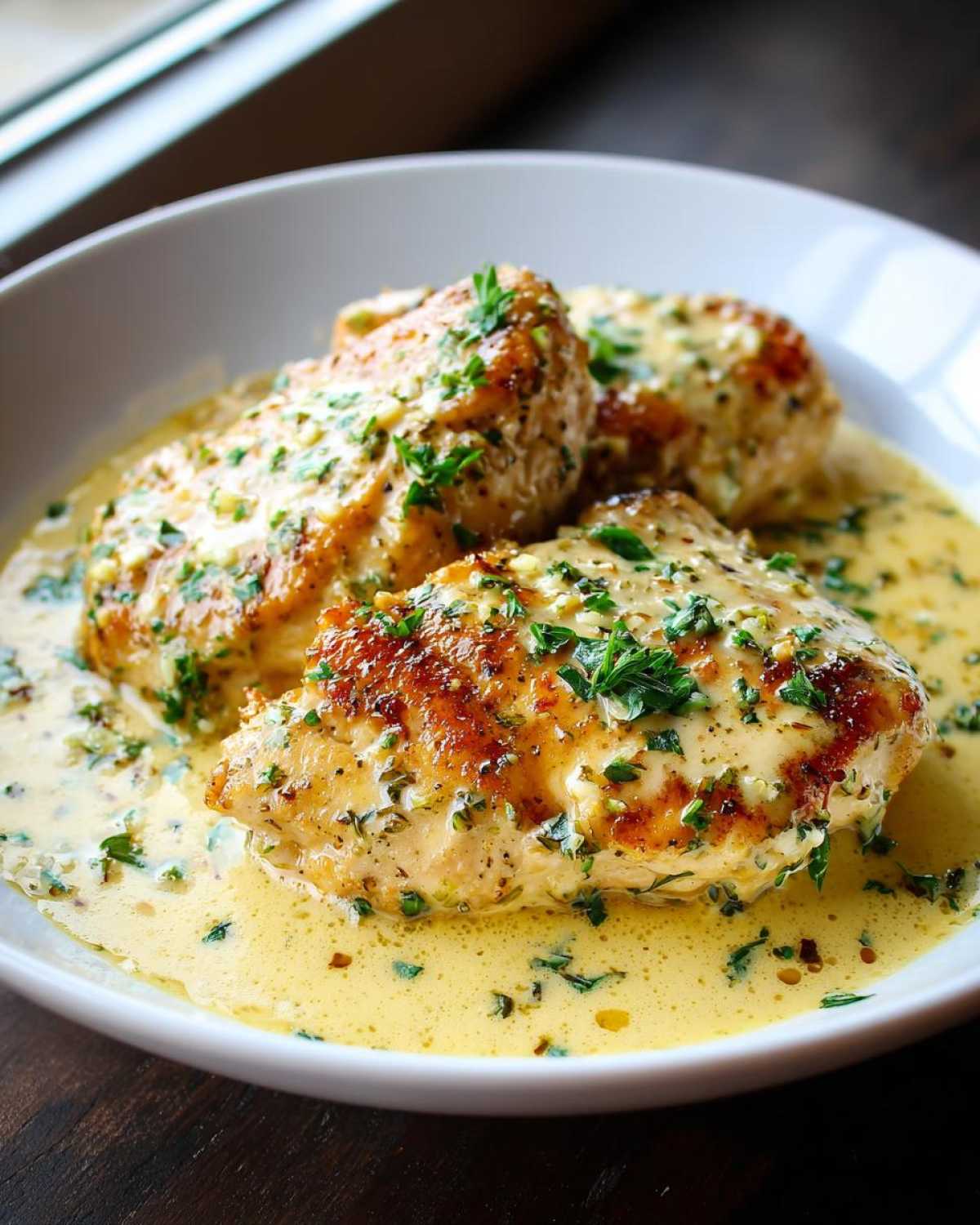 Close-up of seared chicken breasts covered in a rich, creamy lemon chicken sauce and fresh parsley.