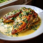 Two golden-brown chicken breasts smothered in a rich, creamy lemon sauce and topped with fresh parsley.