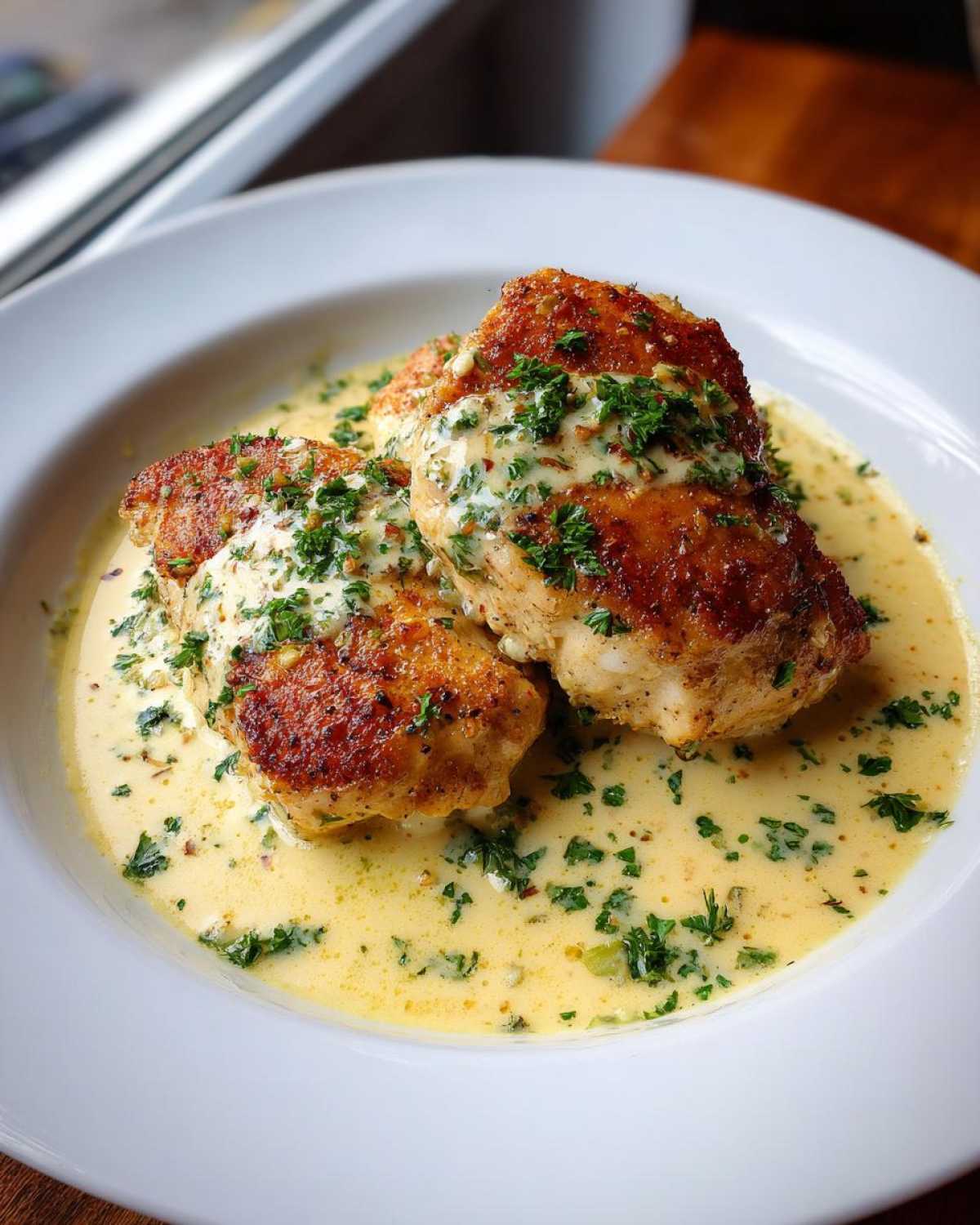 Two golden-brown chicken breasts served in a rich, creamy lemon sauce and topped with fresh parsley.