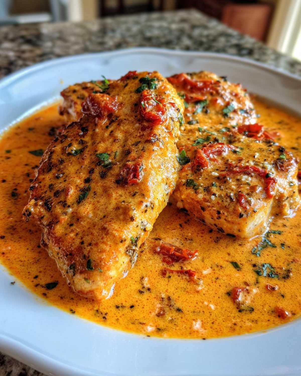 Three pieces of chicken smothered in a rich, creamy, orange-hued sauce with sun-dried tomatoes and herbs, representing Marry Me Chicken.