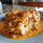 A close-up of a tender chicken breast smothered in creamy, orange sauce with sun-dried tomatoes, part of the Marry Me Chicken recipe.