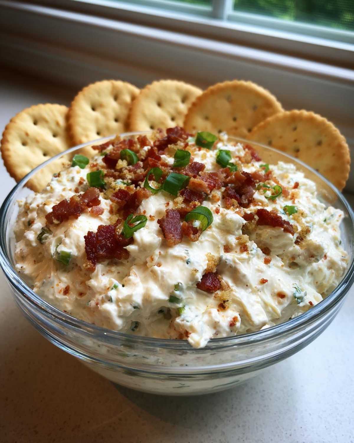 A bowl of creamy Million Dollar Dip topped with crispy bacon bits and sliced green onions, served with crackers.