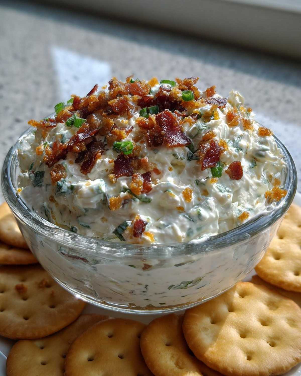 A clear glass bowl filled with creamy Million Dollar Dip, topped generously with crumbled bacon and green onions, surrounded by crackers.