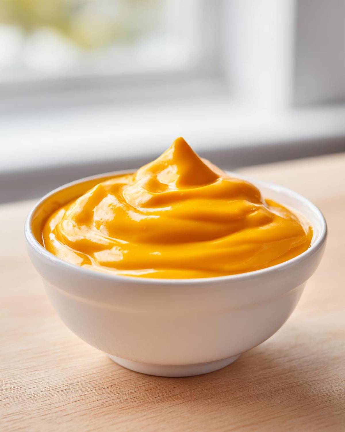 A close-up of vibrant orange, thick nacho cheese sauce swirled high in a small white bowl.