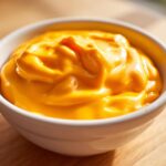 Close-up of thick, bright orange nacho cheese sauce swirled inside a small white dipping bowl.