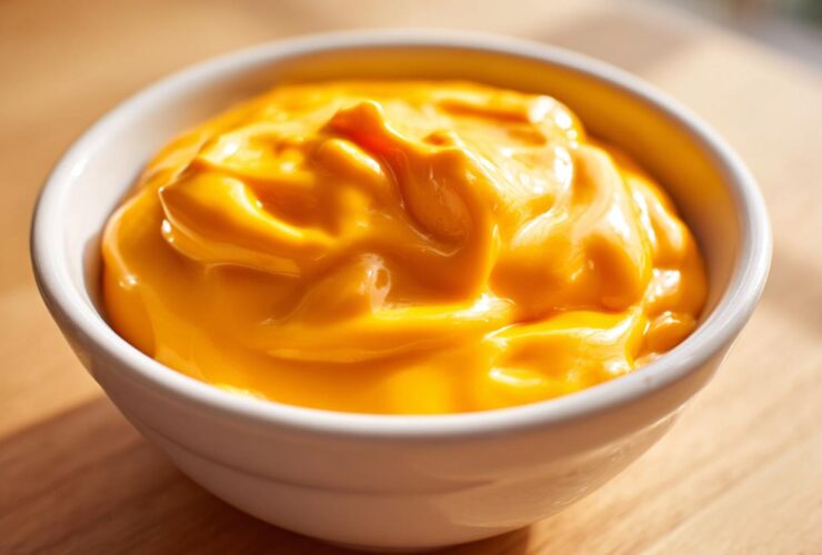 Close-up of thick, bright orange nacho cheese sauce swirled inside a small white dipping bowl.
