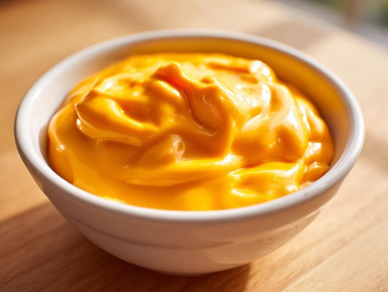 Close-up of thick, bright orange nacho cheese sauce swirled inside a small white dipping bowl.