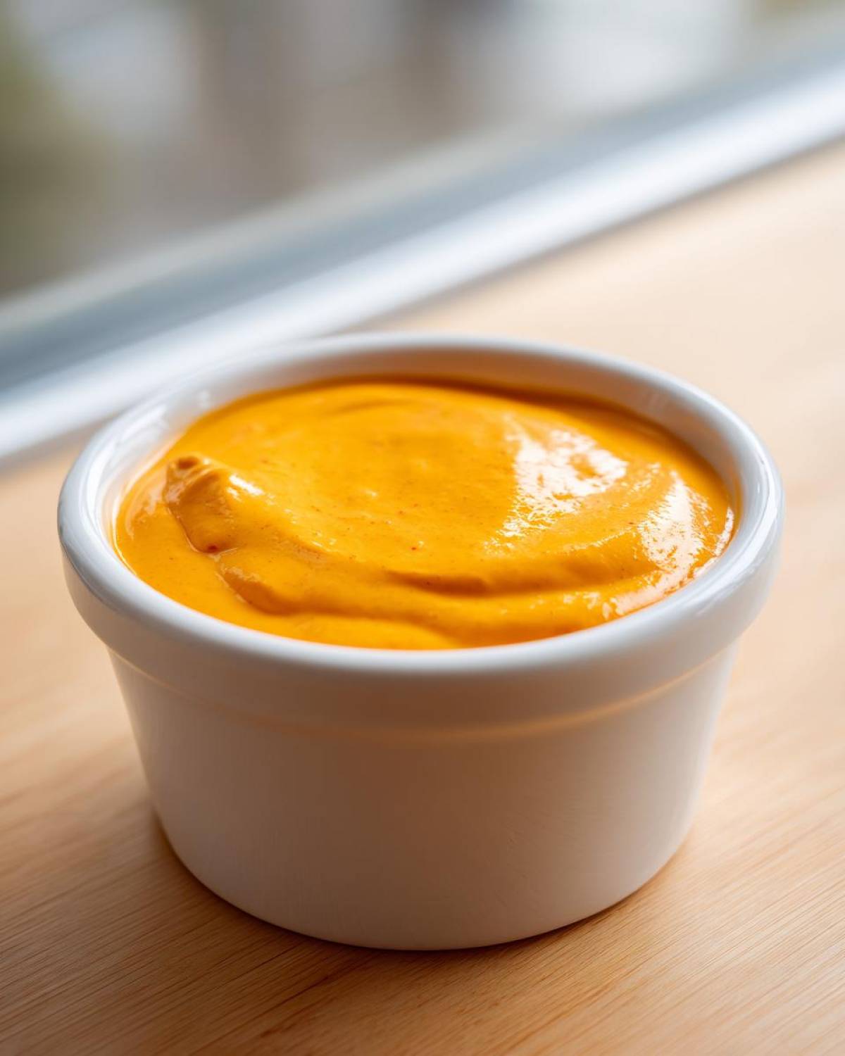 Close-up of thick, vibrant orange amazing nacho cheese sauce served in a small white ramekin.