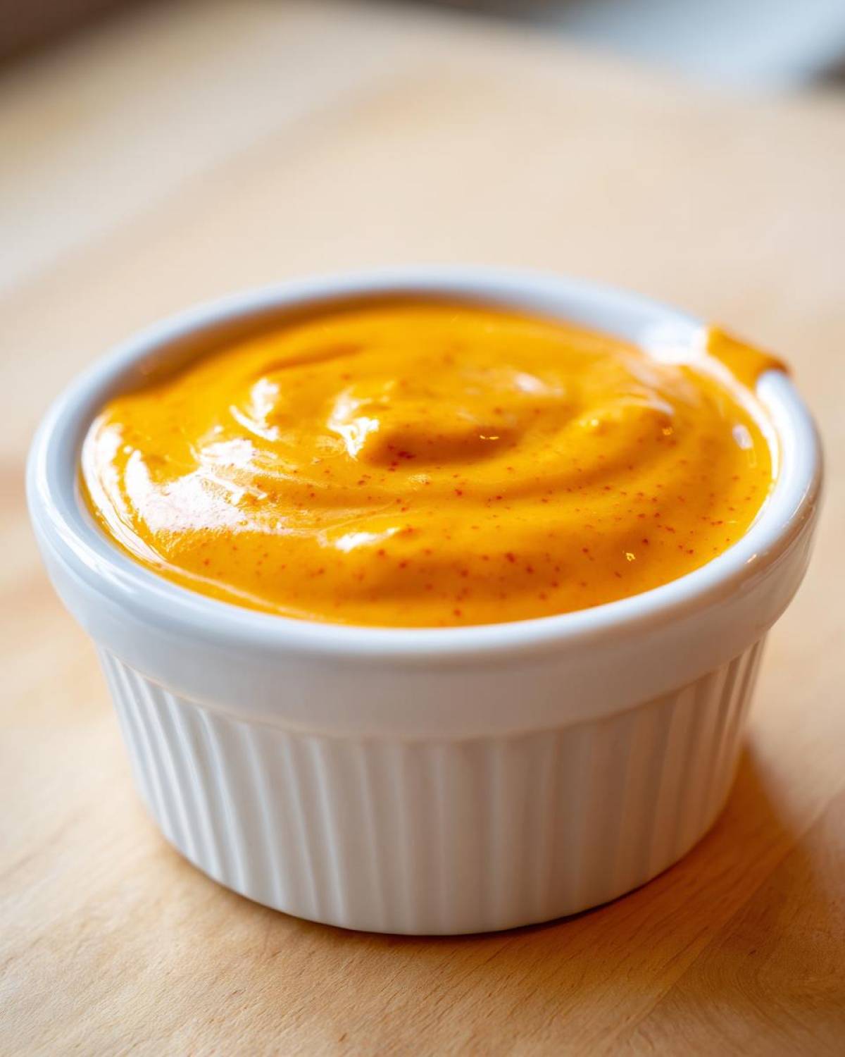 A close-up of smooth, vibrant orange nacho cheese sauce swirled in a small white ceramic ramekin.