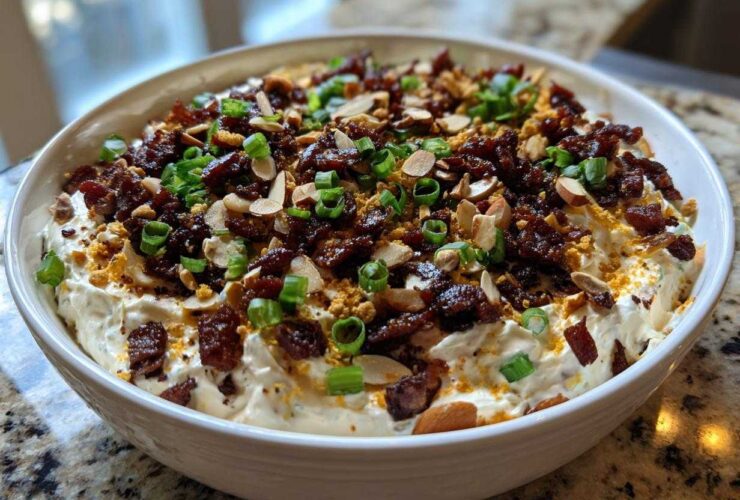 A white bowl filled with creamy Neiman Marcus Dip, heavily garnished with bacon bits, sliced almonds, and chopped green onions.