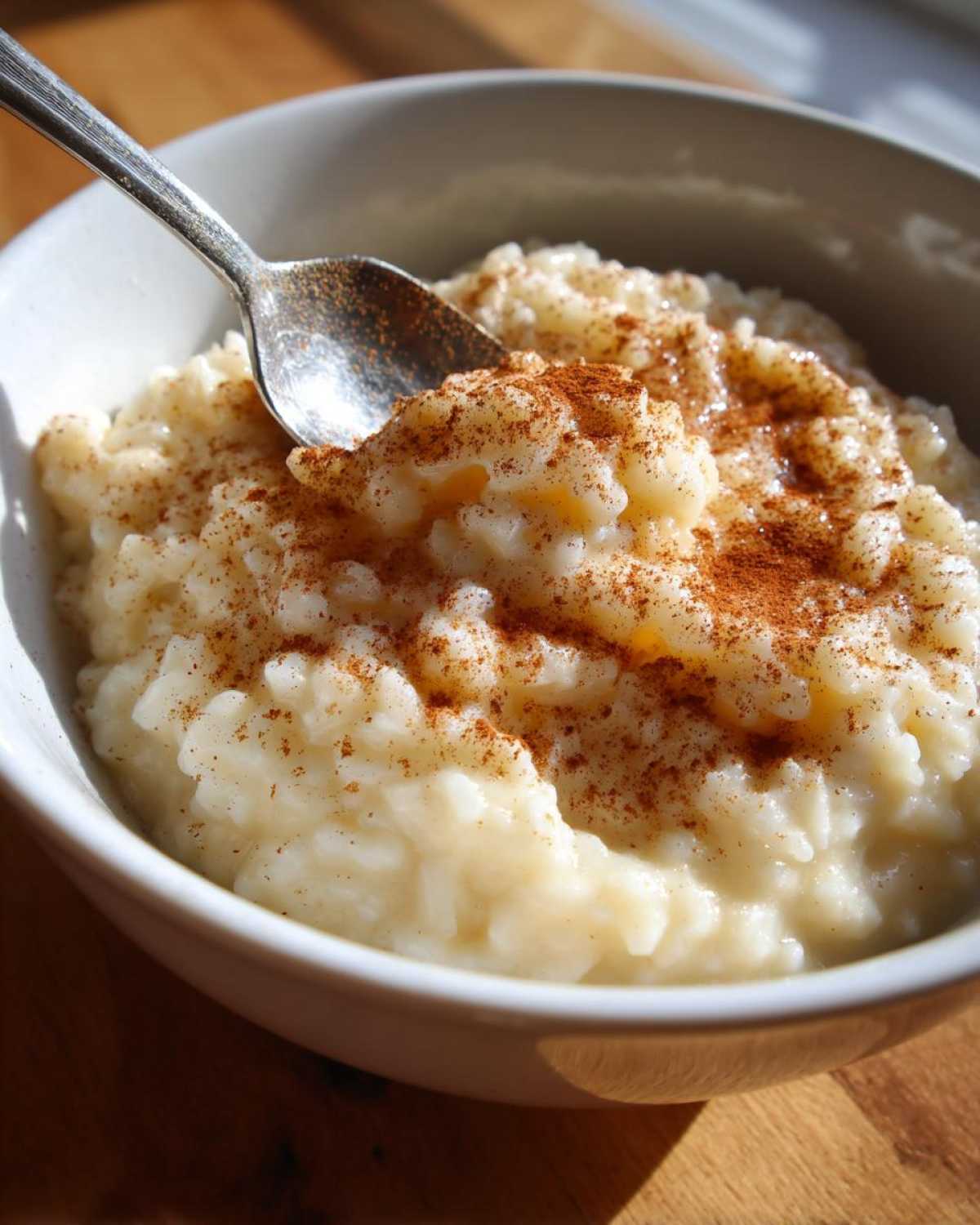 Close-up of creamy rice pudding topped generously with ground cinnamon, with a spoon resting in the bowl.