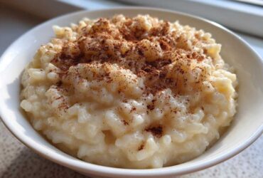 Close-up of a white bowl filled with creamy rice pudding, topped generously with ground cinnamon.