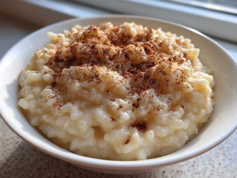Close-up of a white bowl filled with creamy rice pudding, topped generously with ground cinnamon.