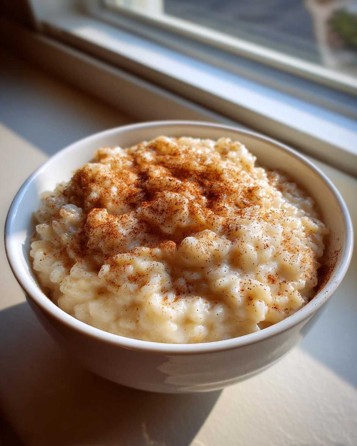 A close-up of creamy rice pudding topped generously with ground cinnamon, sitting near a sunlit window.