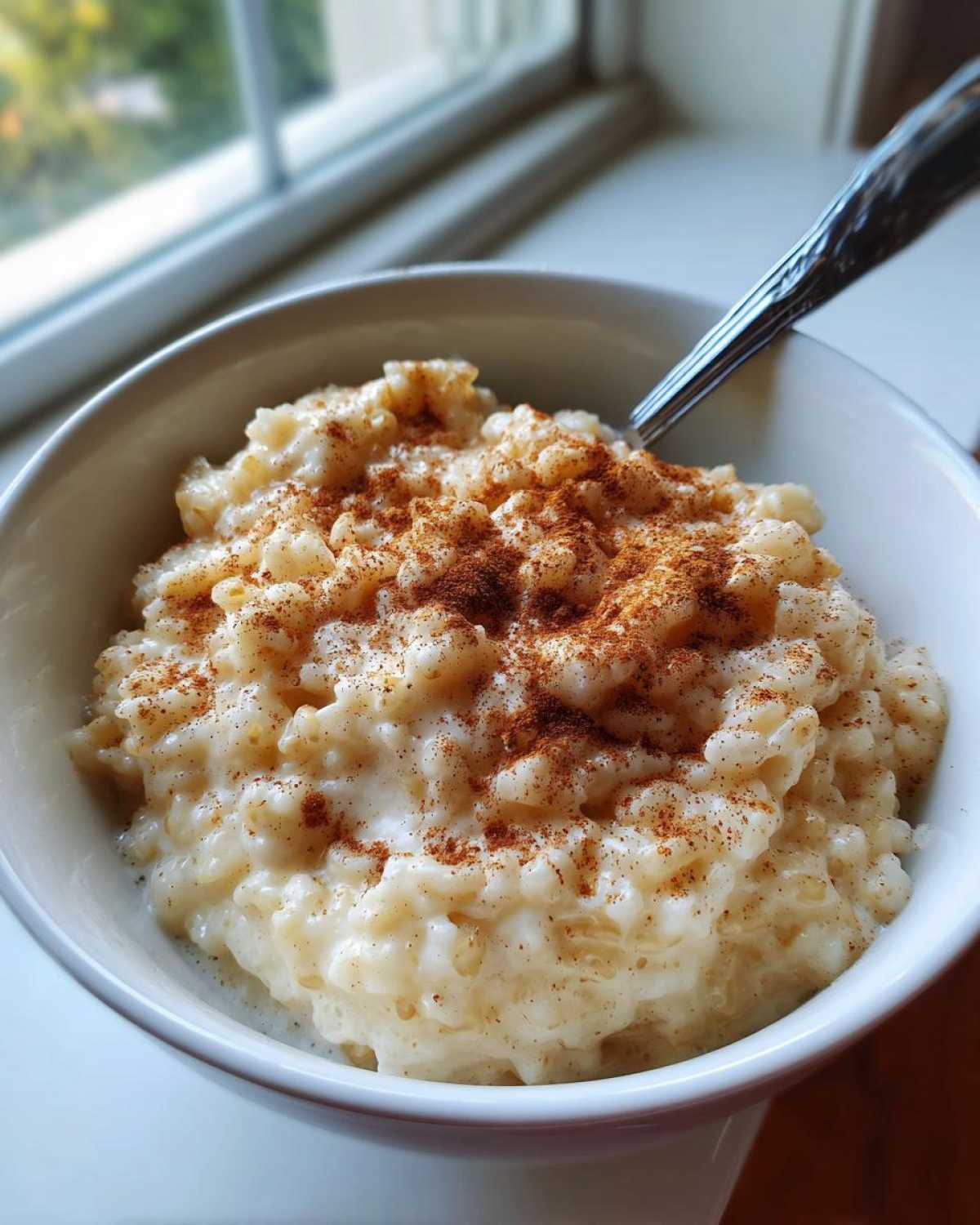 Close-up of creamy rice pudding topped generously with ground cinnamon in a white bowl.