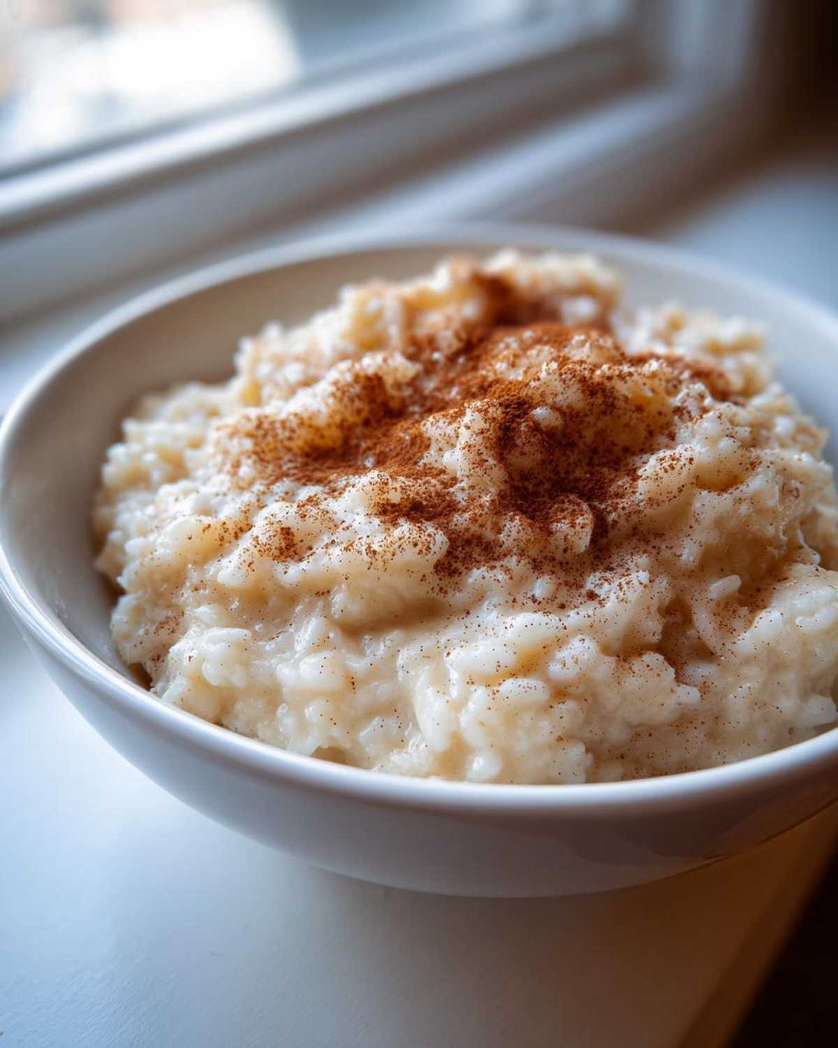 Close-up of creamy rice pudding topped generously with ground cinnamon in a white bowl.