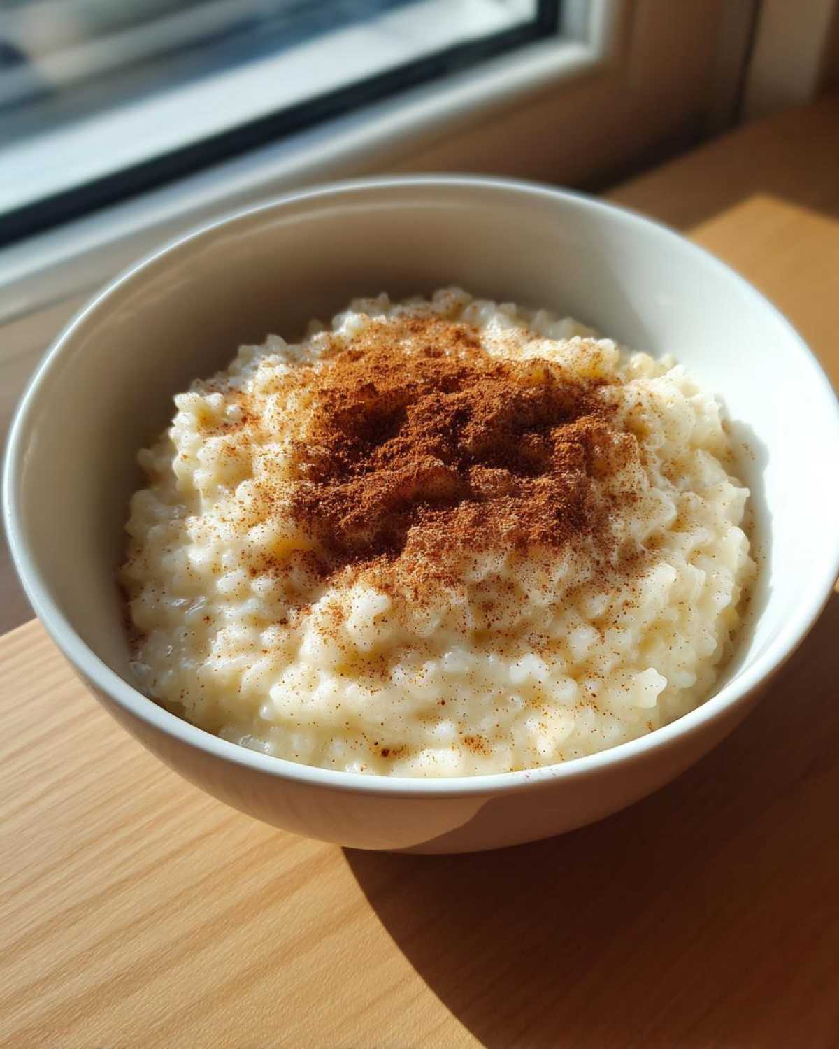 A white bowl filled with creamy rice pudding recipe, generously topped with ground cinnamon, sitting on a wooden surface.