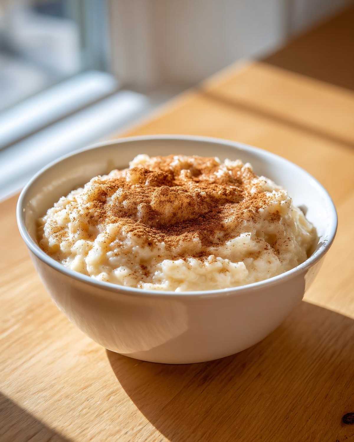A white bowl filled with creamy rice pudding recipe, generously dusted with ground cinnamon.
