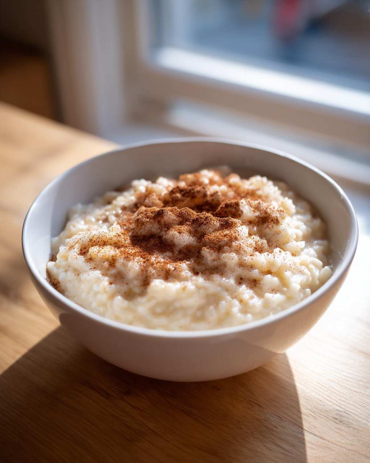 A close-up of a bowl of creamy rice pudding recipe dusted generously with cinnamon.