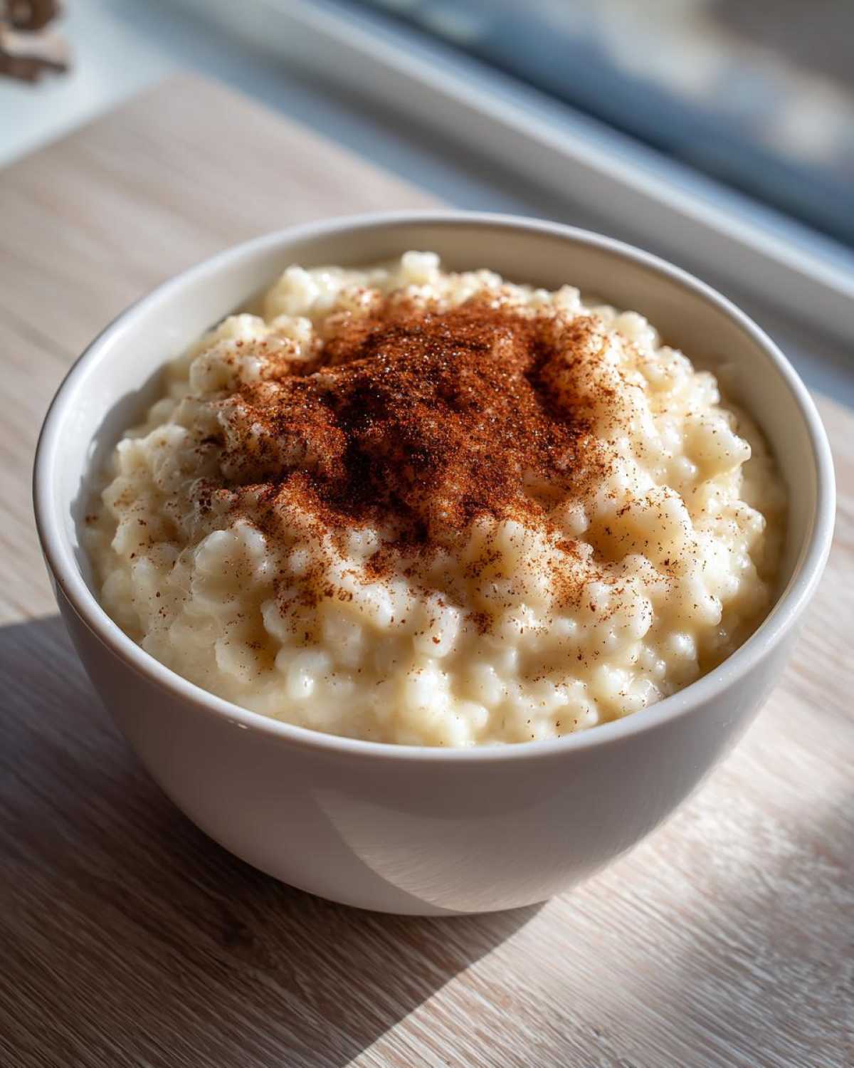 A close-up of a white bowl filled with creamy rice pudding recipe, generously dusted with cinnamon.
