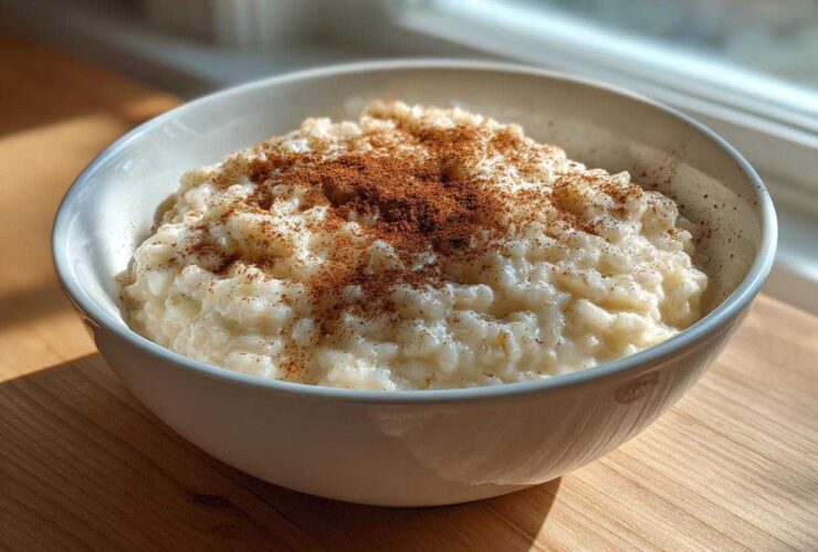 A white bowl filled with creamy rice pudding recipe, generously sprinkled with ground cinnamon.