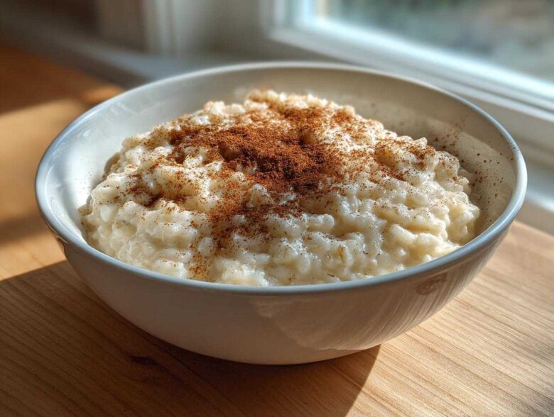 A white bowl filled with creamy rice pudding recipe, generously sprinkled with ground cinnamon.