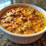 A close-up of hot, creamy rotel dip loaded with ground meat and peppers in a white serving bowl.