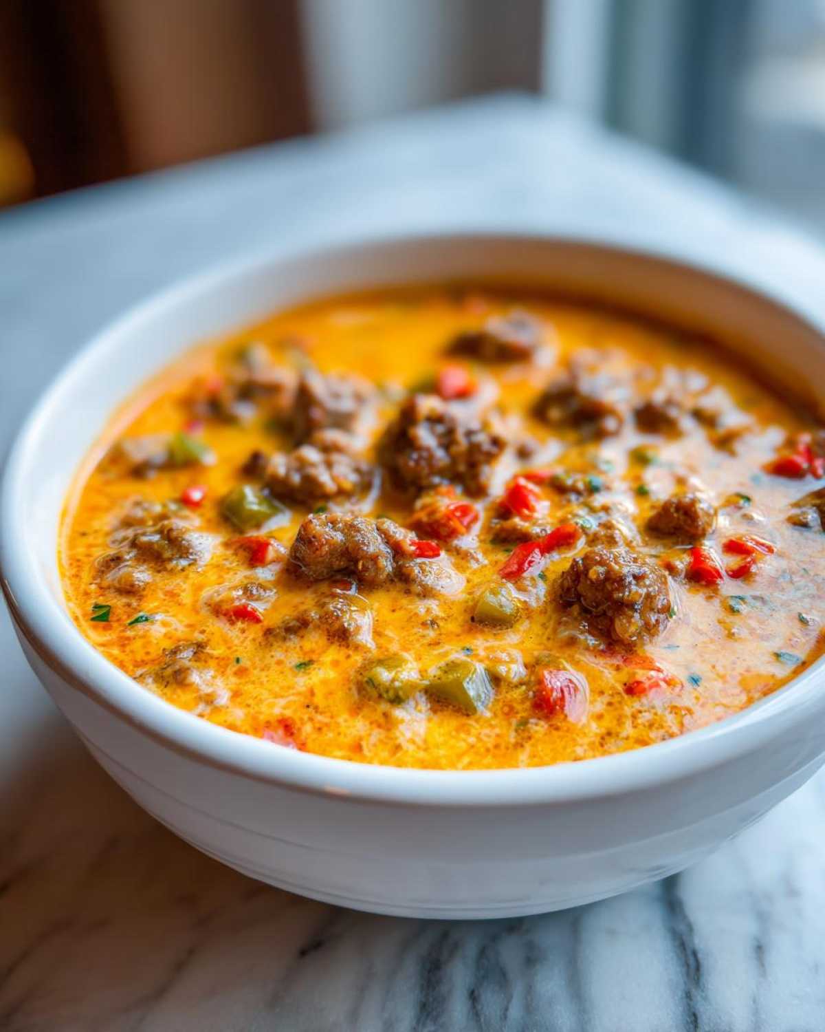 Close-up of a white bowl filled with creamy, cheesy rotel dip featuring ground sausage and diced peppers.