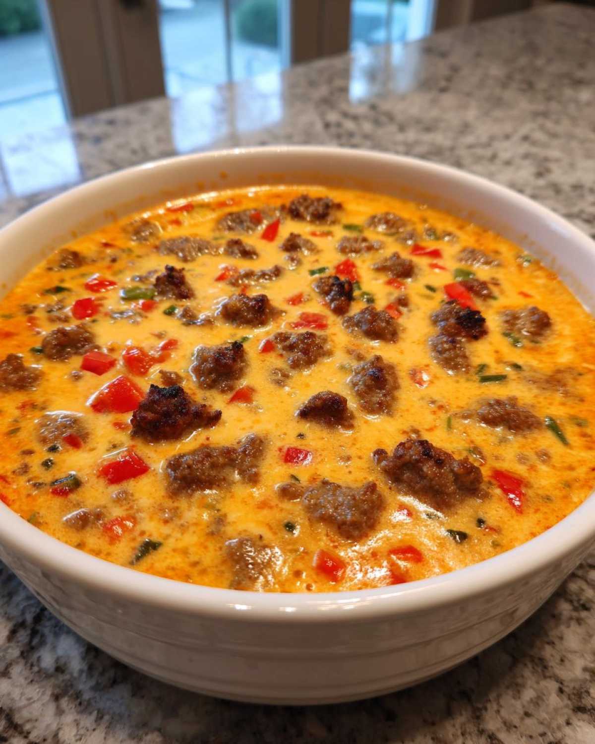 Close-up of a hearty, creamy rotel dip topped with browned sausage crumbles and diced red peppers.