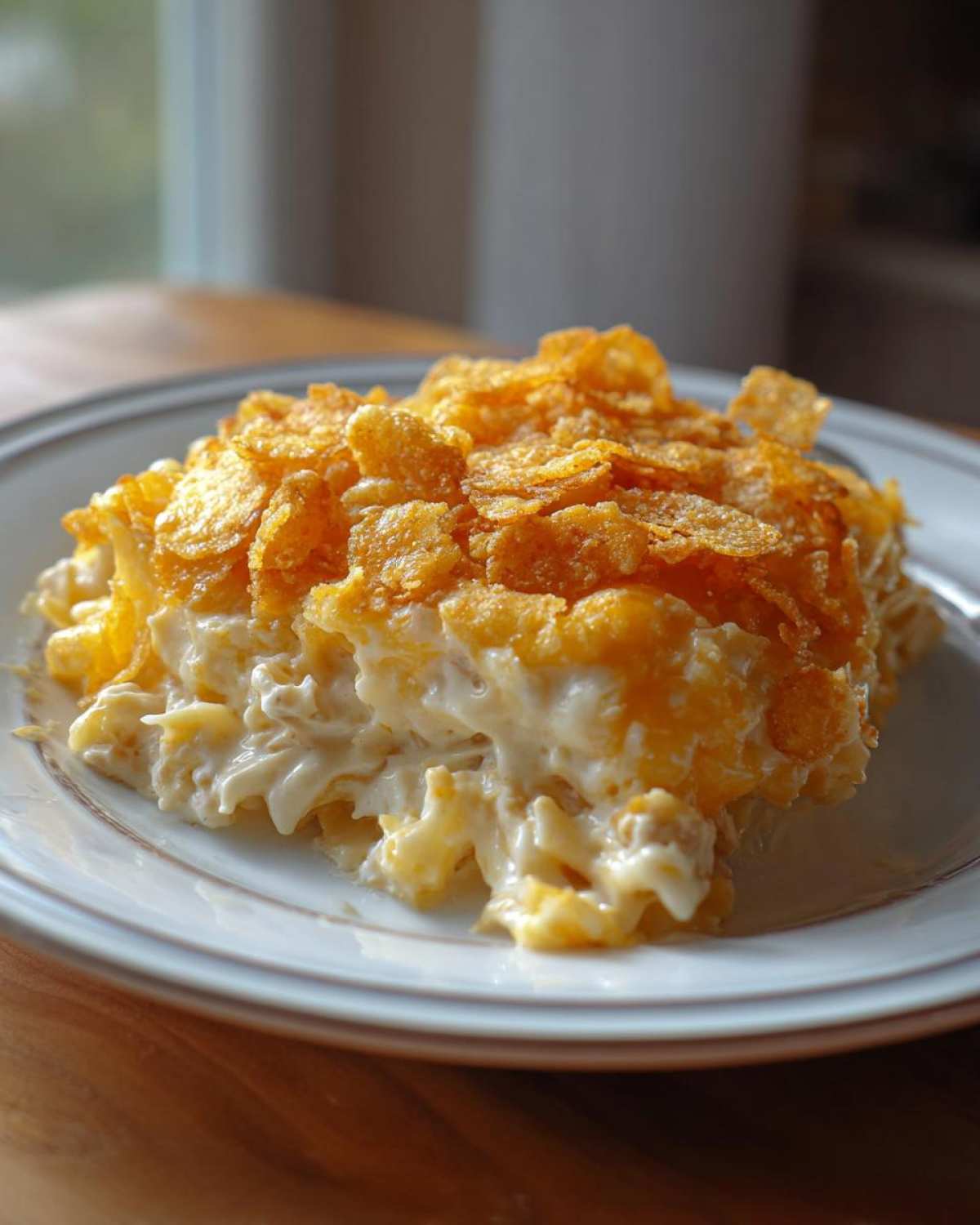 A creamy slice of Tuna Casserole topped generously with golden, crunchy cornflakes, served on a white plate.