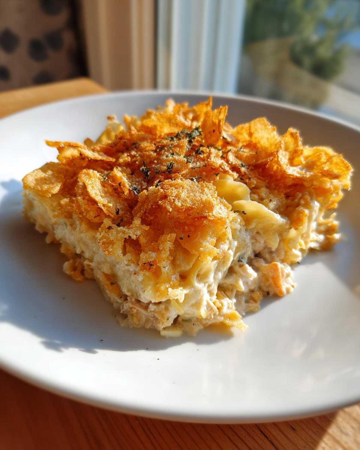 A square serving of creamy Tuna Casserole topped with golden, crispy cornflakes, served on a white plate.