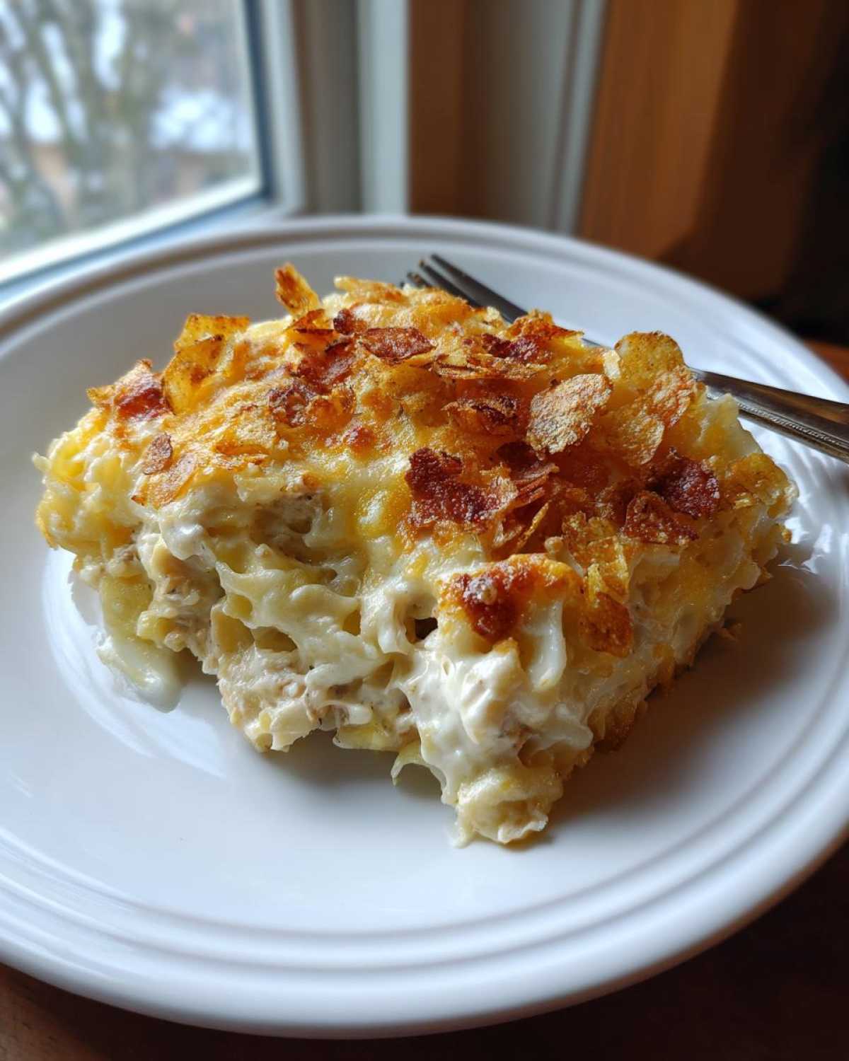 A square serving of creamy Tuna Casserole topped with golden, crispy cornflakes sits on a white plate.