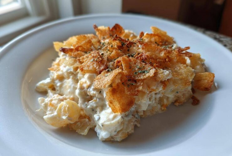 A close-up serving of creamy Tuna Casserole topped with golden, crispy potato chips or breadcrumbs, garnished with herbs.