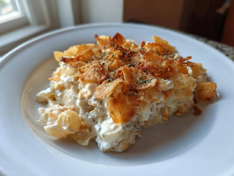 A close-up serving of creamy Tuna Casserole topped with golden, crispy potato chips or breadcrumbs, garnished with herbs.