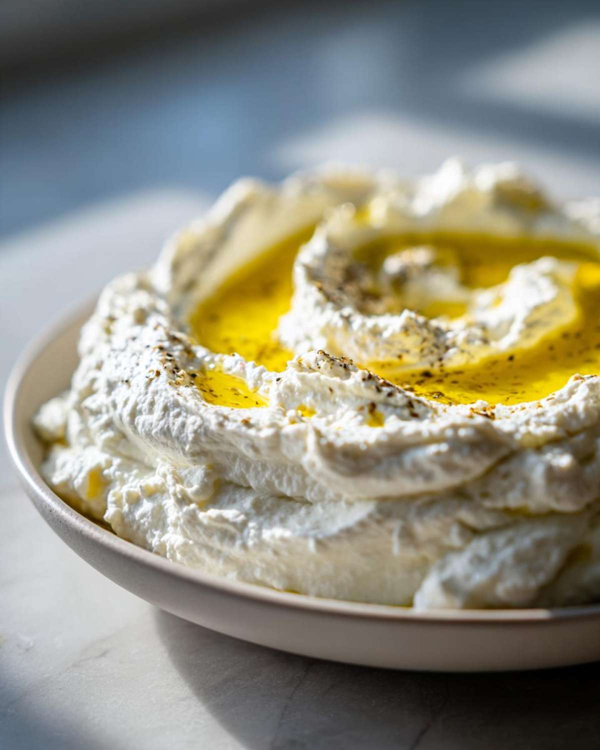 Close-up of fluffy whipped feta dip drizzled generously with golden olive oil and sprinkled with pepper.