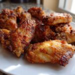 Close-up of golden brown, crispy air fryer chicken wings piled on a white plate.