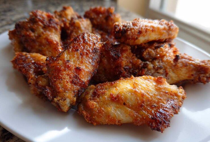 Close-up of golden brown, crispy air fryer chicken wings piled on a white plate.