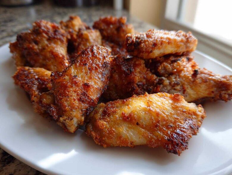 Close-up of golden brown, crispy air fryer chicken wings piled on a white plate.